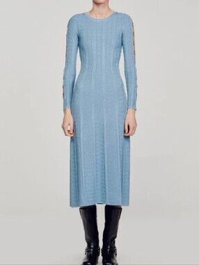 sandro kayle denim dress Sandro Kayle Denim Pleated-Skirt Mini Dress